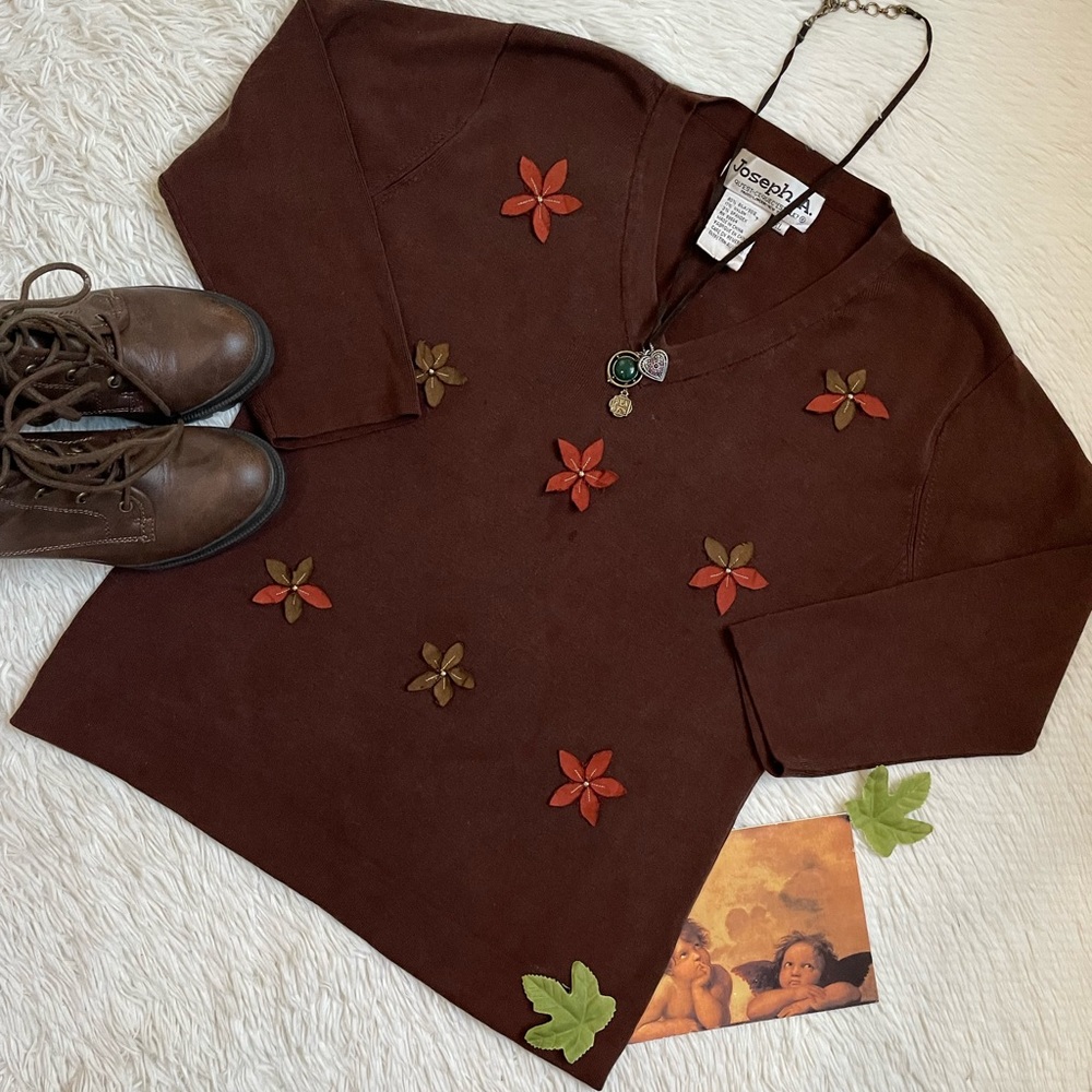 Vintage Joseph A. Silk floral brown 3/4 sleeve top